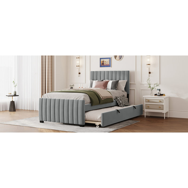 Lit plateforme tapissier simple en velours avec lit gigogne simple, gris, Lit simple, Gris