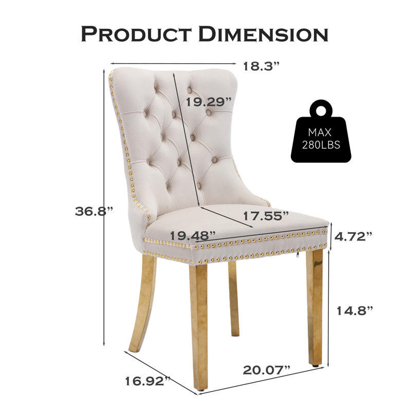 Chaise de salle à manger en velours avec anneau à dossier et pieds en bois massif, 2, Beige, Doré
