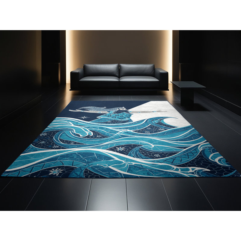 Tapis marocain bleu d'inspiration mondiale lavable à la machine Ulster Enki, 6x9