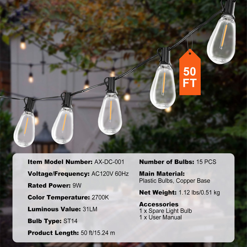 50FT LED Outdoor String Patio Lights Waterproof 15 S14 Shatterproof Bulbs