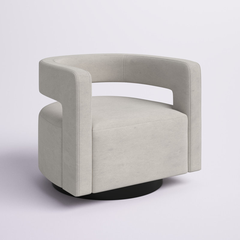 Keegan Upholstered Swivel Barrel Chair, Light Gray Velvet, Black