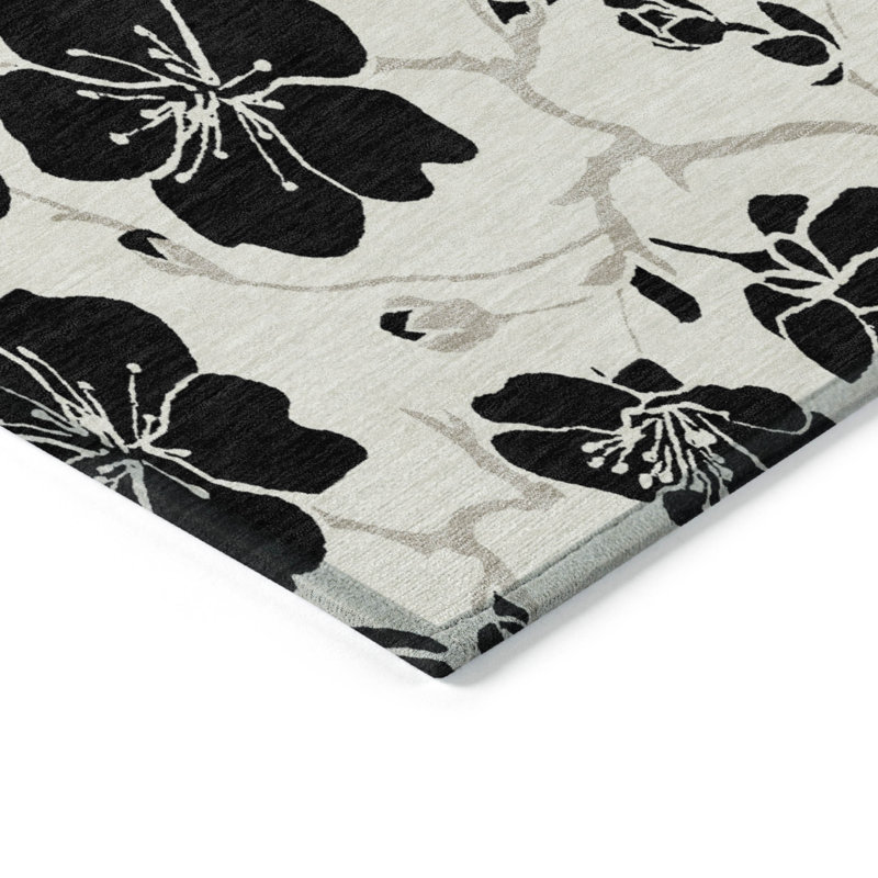 Ivory and Black Floral Synthetic Washable Rectangular Rug