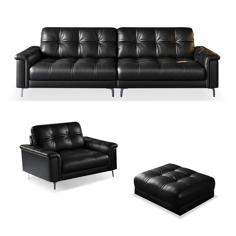 Black Genuine Leather 3 - Piece Living Room Set