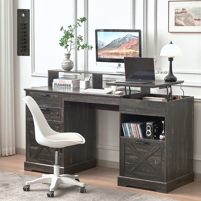 63"W Farmhouse Executive Lift Top Desk, Wood Country Rustic Home Office Desk With Charging Station, Computer Desk With 3 Drawers, Led Gaming Work Desk With Monitor Stand, White, Walnut