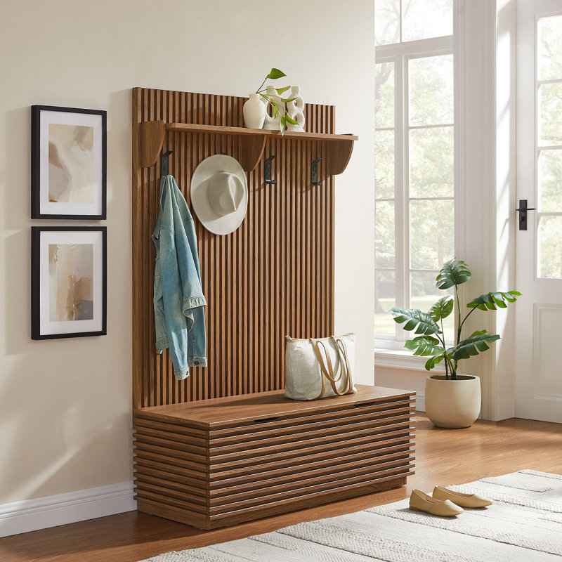Arbre d'entrée 3 en 1 cannelé avec banc de rangement et portemanteau Render, Noyer