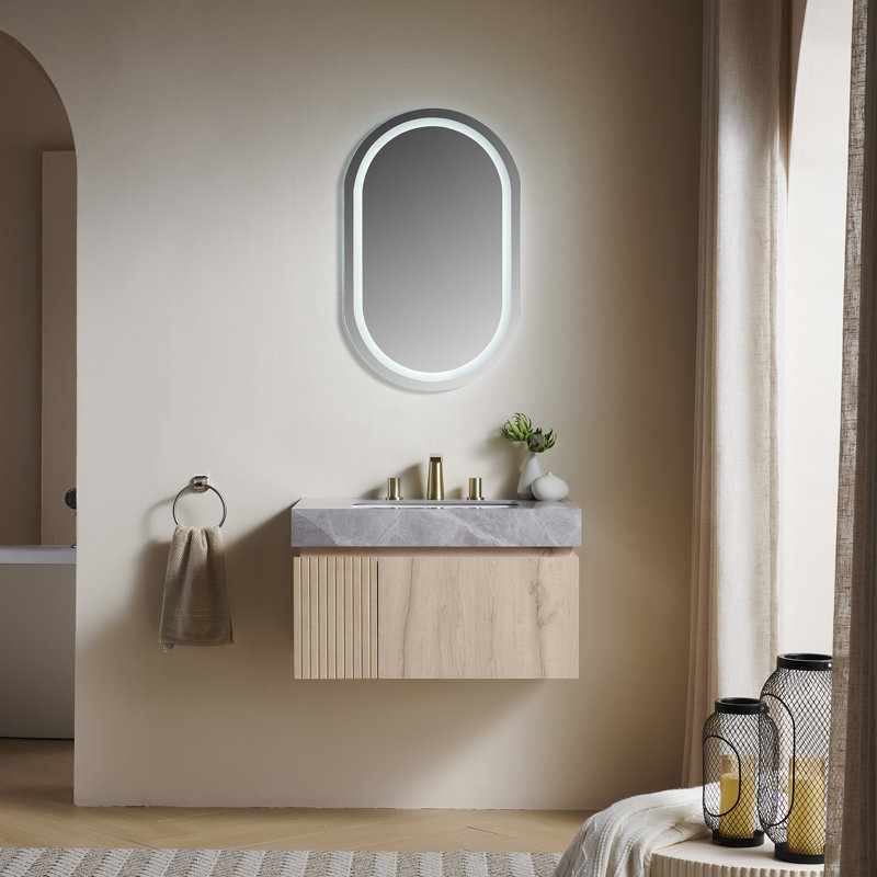 Muri 30" Bathroom Vanity&Sink, Floating Plywood Storage Cabinet With Drawer&Door, Light Gray Sintered Stone Top&Ceramic Basin With 3 Pre-Drilled Faucet Holes, Pre-Assembled, White Oak Woodgrain Color