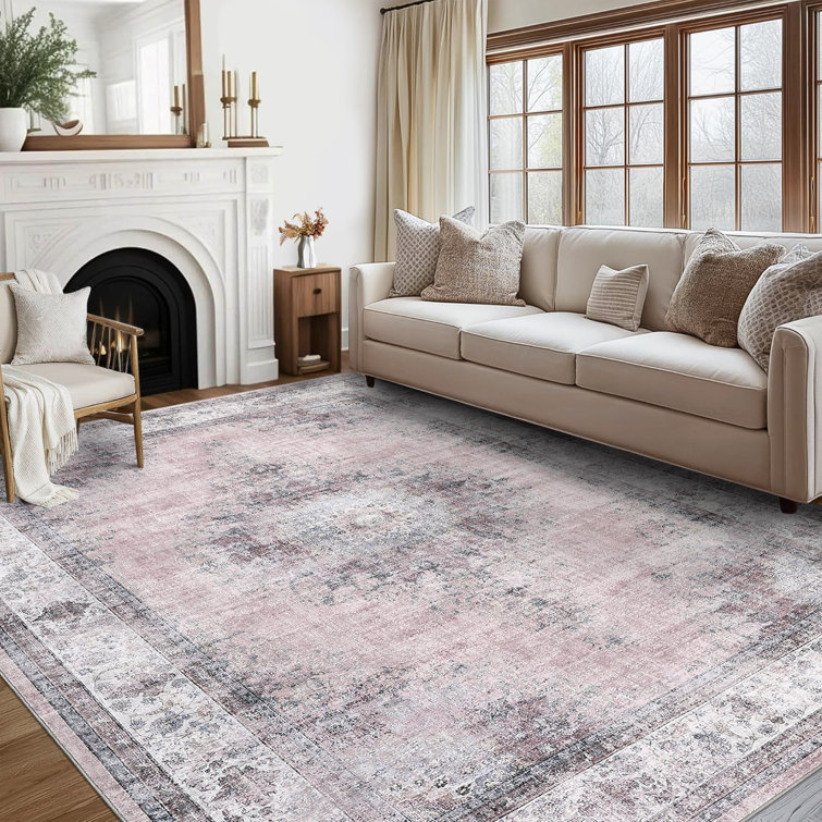 Machine Washable Rugs Oriental Floral Non-Slip Low Pile Rubber Backing Area Rug for Living Room Bedroom Kitchen Dining Room