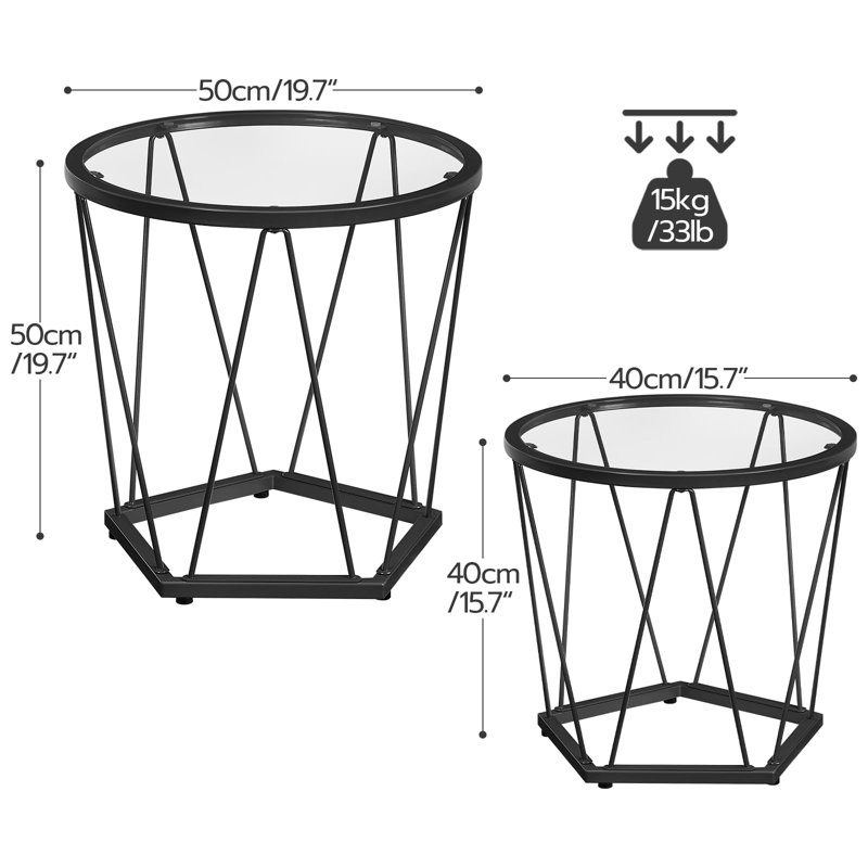 Black Round Glass Top Coffee Table Set with Metal Frame