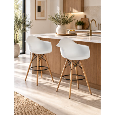 Mid-Century Daphney Accent Stool - Modern Bar Stools – Midcentury Stools - Contemporary Plastic Bar-Height Seating with Footrest, Set of 2 for Kitchen Islands & Home Bars - Modern White Bar Stools