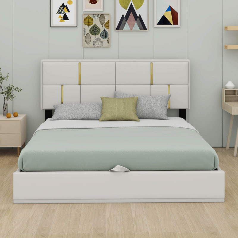 Grand lit plateforme tapissier avec système de rangement hydraulique, cadre de lit moderne en bois avec rangement relevable et tête de lit pour la chambre à coucher