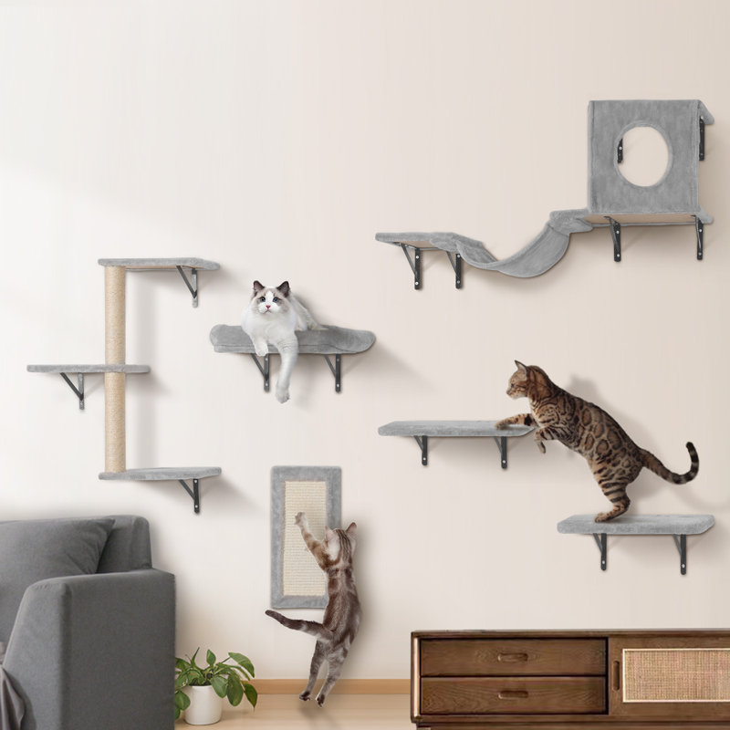 Ensemble de 6 tablettes murales pour chat avec tablettes de saut et support pour hamac