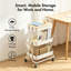 White 3-Tier Rolling Storage Trolley with 4 Castor Wheels, Steel Frame Cart with Solid Bamboo Lid, Complete with 3 Hanging Baskets & Hooks, Multipurpose Storage Organiser for Bathroom, Kitchen, Craft Room & Home Office-133022994