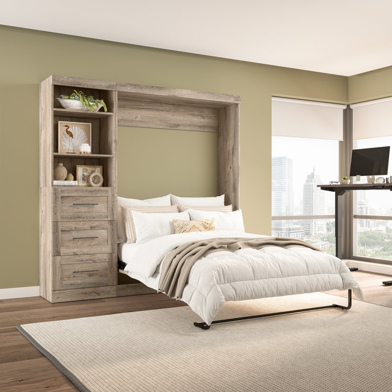 Arlex Murphy Bed with Shelving and Drawers, Queen, Rustic Brown