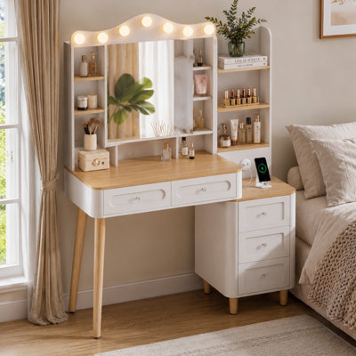Make up Vanity Desk With LED Lights Mirror and USB Rechargeable, Dressing Makeup Table with 5 Drawers, White