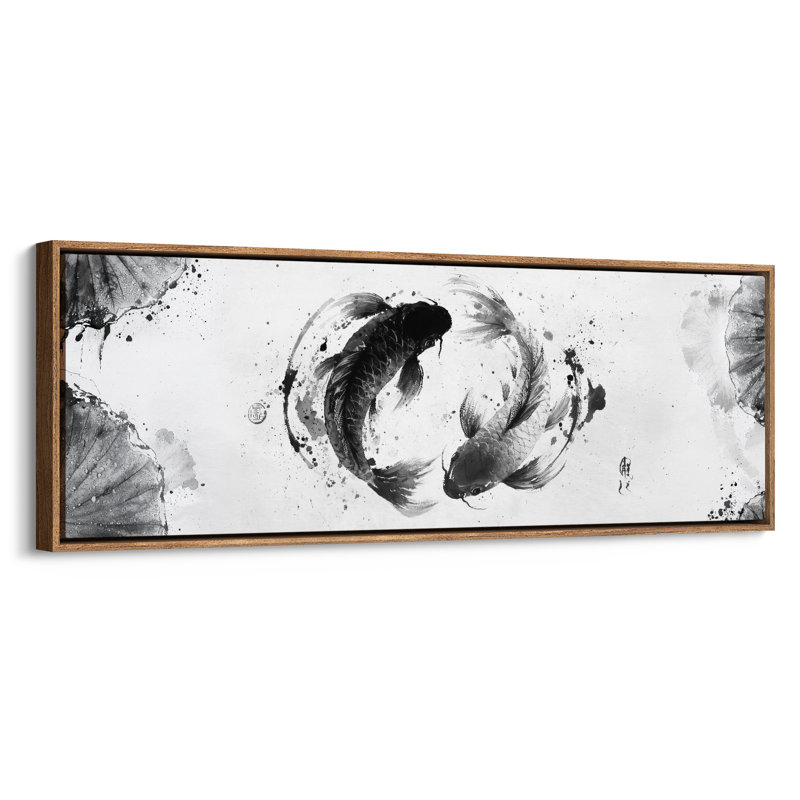 Très grand poisson noir et blanc Koi Yin Yang, reproduction d'art, 20" H x 60" W, Natural