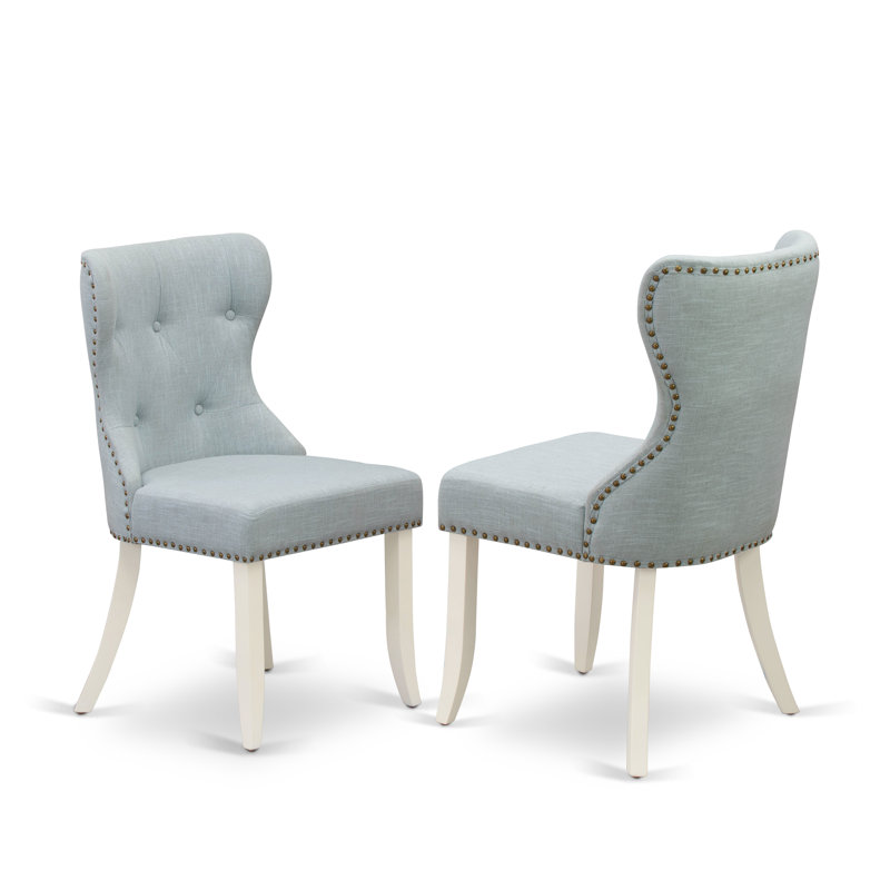 5 Piece Dining Set Includes a Rectangle Dining Room Table with X-Legs and 4 Baby Blue Linen Fabric Upholstered Parson Chairs, Linen White