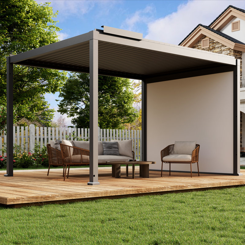 Motorized Louvered Aluminum Pergola With LED Lights And 2-In-1 Electric Motorized Projector Screen, 10' x 13'