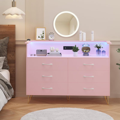 Dresser with LED Light for Bedroom 6 Drawer, Wooden Dressers with Charging Station by Wrought Studio