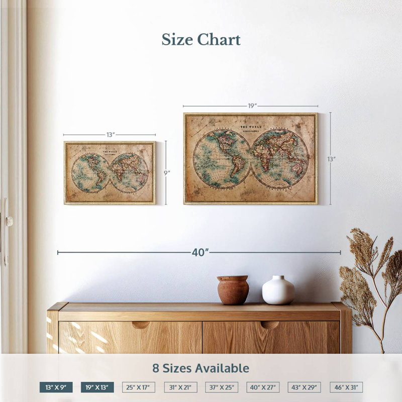 Hemisphere Map, 13" X 9", Floating Frame Natural Wood