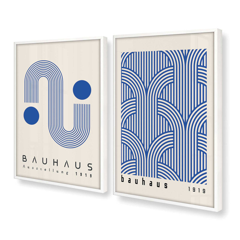 Blue Bauhaus Duo, ensemble de 2 impressions roulées, Cadre opaque blanc, H 37,5 po x l 49,5 po x P 1,25 po