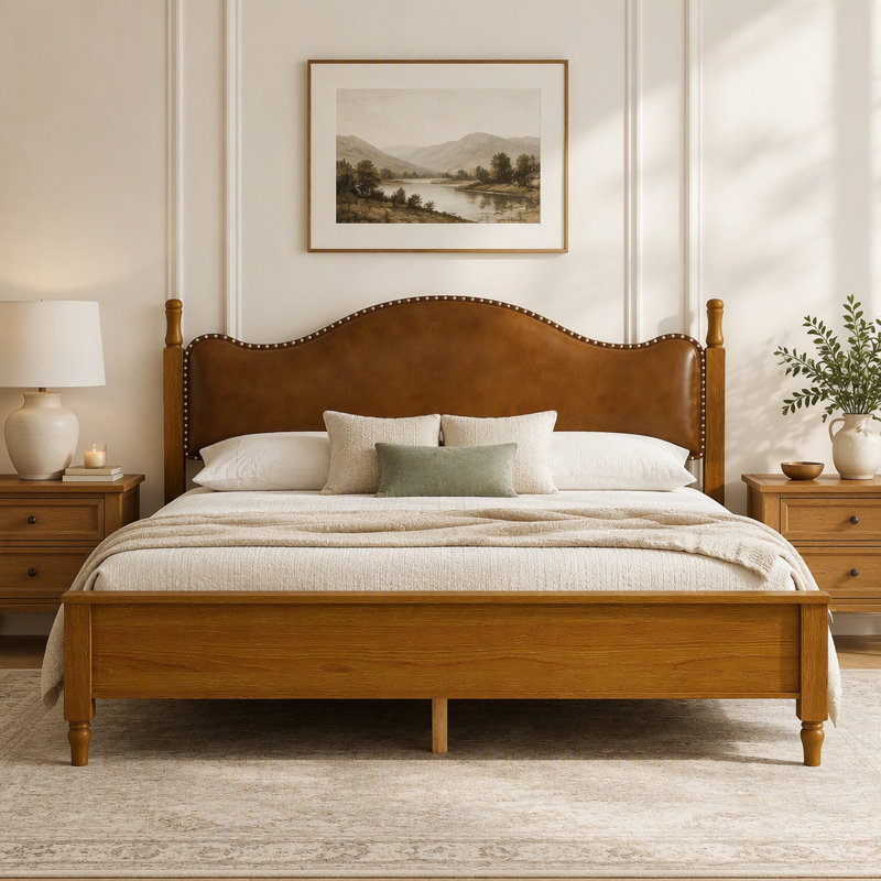 Lit plateforme très grand en bois avec tête de lit tapissier, Brun