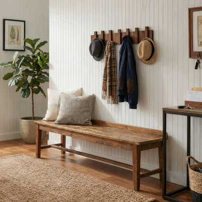 Wood Wall Mounted Coat Rack with 6 Flip Down Hooks and Piano Key Design