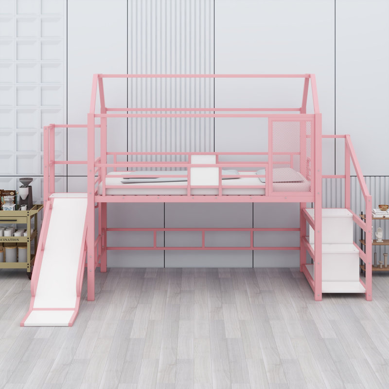 Metal House Loft Bed With Slide,Stairs And Storage Shelves, Pink