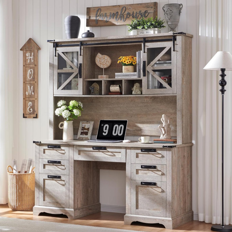 Hirth 60"W Farmhouse Desk With Hutch, Wood Executive Desk With Sliding Barn Doors, 2 Storage Cabinet, Lark Rustic Oak