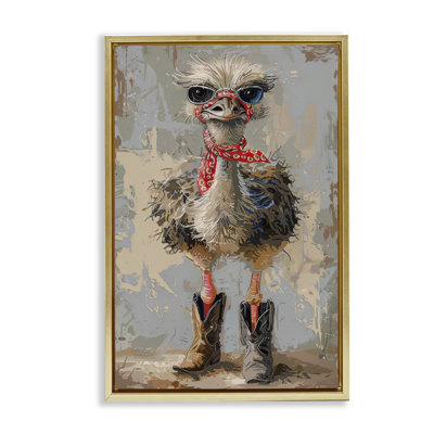 Ostrich & Cowboy Boots Gold Framed Floater Canvas by Petals Prints Design