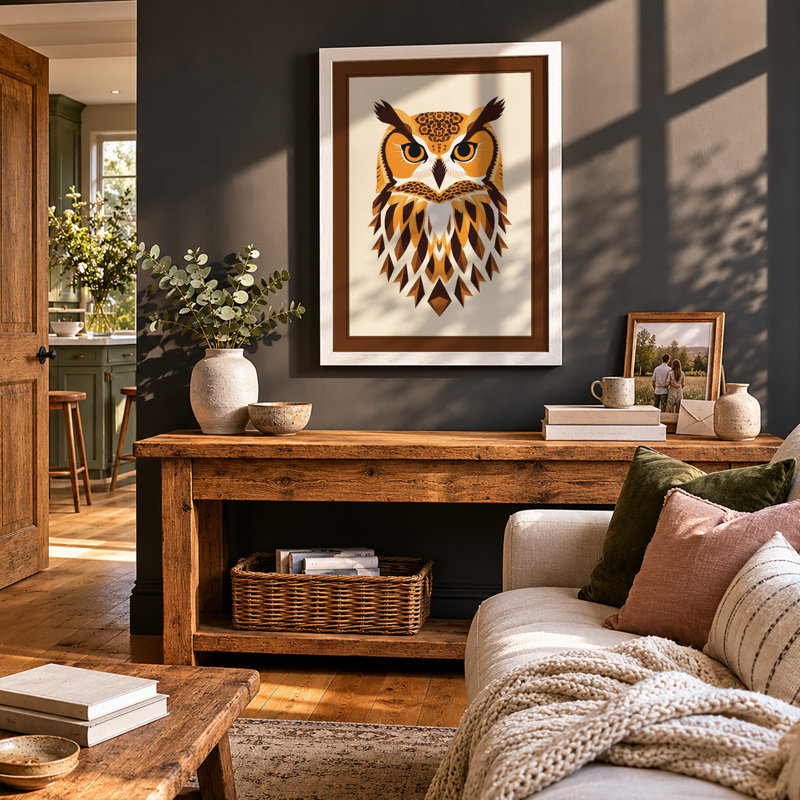 Owl Geometric - Framed Print, A1 - 84.1 x 59.4 cm, White