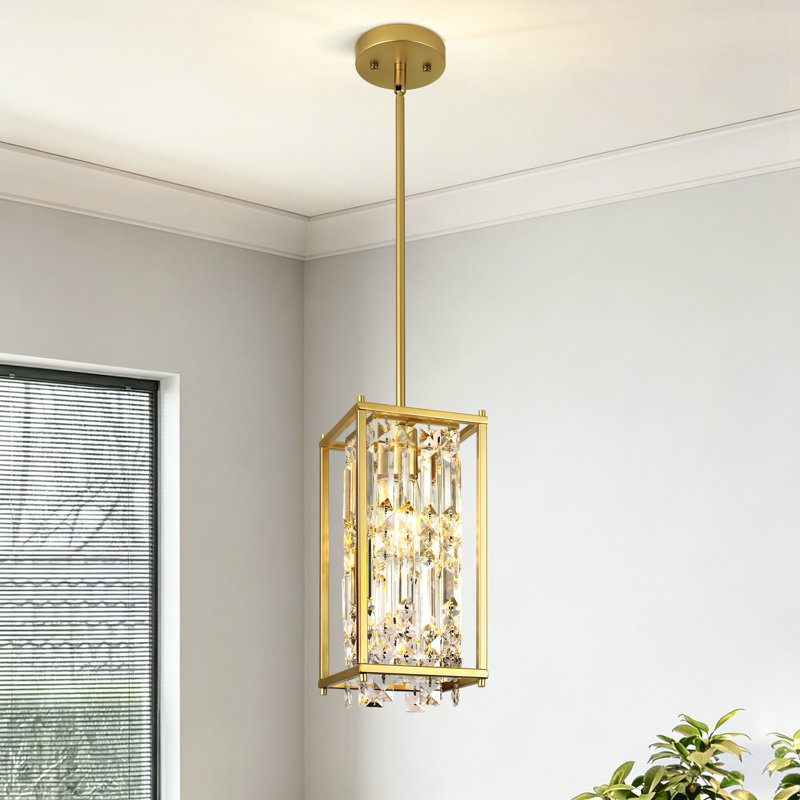 Square Crystal Pendant Light, 1-Light Modern Adjustable Hanging Fixture for Kitchen Island, Dining Room, Gold