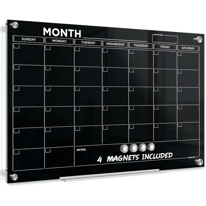 Black 24”x36” Magnetic Glass Whiteboard Calendar Planner