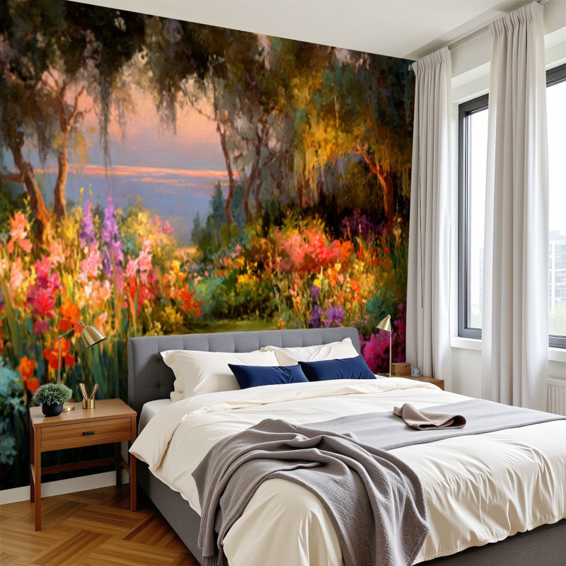 Peel and Stick Wallpaper 69" L x 96" W Modern Self Adhesive Wall Mural for Bedroom - With Painterly Garden Terrace Radiant Blooms Twilight Print