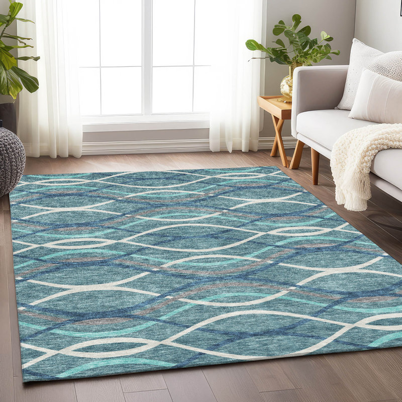 Premium Machine Washable Prisco Teal Rug, Rectangle 10' x 14'