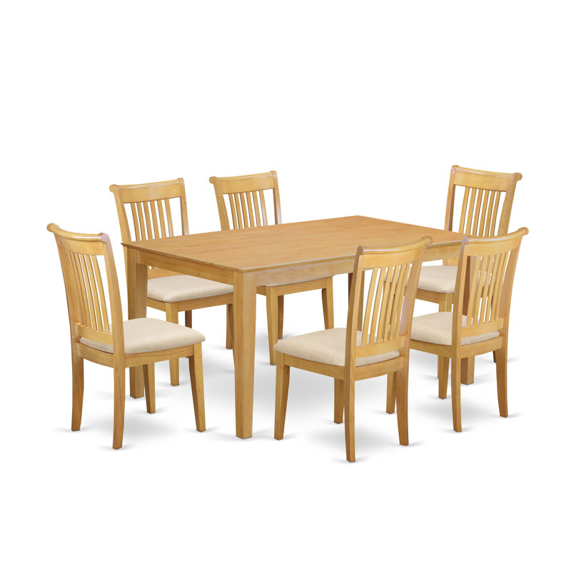 7 Piece Dining Set Consist of a Rectangle Dinner Table and 6 Linen Fabric Kitchen Dining Chairs, 36x60 Inch, Oak
