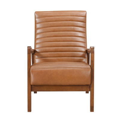Accent Chair In Brown Faux Leather, Walnut Finish, Solid Rubberwood Structure Finish With Leather Padding And Frame