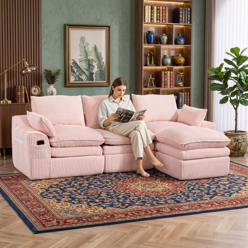 Canapé modulaire en L avec repose-pieds de 33 po de hauteur et 104 po de largeur, Rose