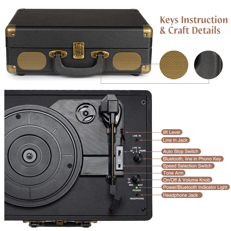 Record Player 3-Speed Bluetooth Suitcase Portable Belt-Driven Record Player With Built-In Speakers RCA Line Out AUX In Headphone Jack Vintage Turntable