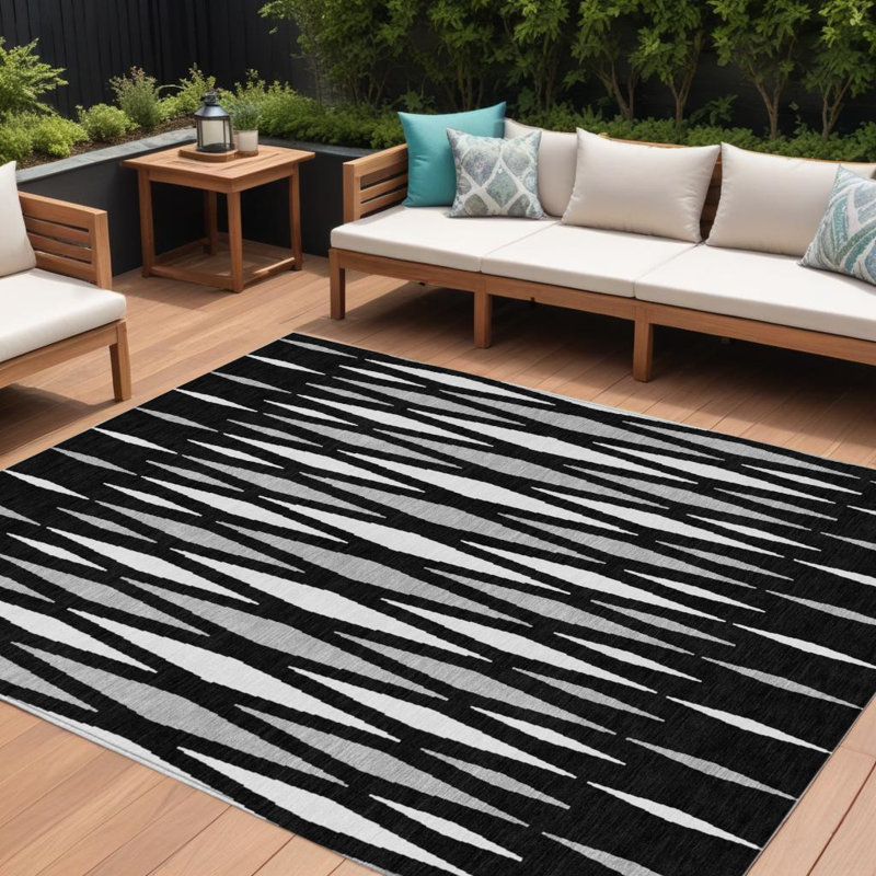 Tapis extérieur lavable à motif géométrique noir ivoire et gris 10 pi x 14 pi