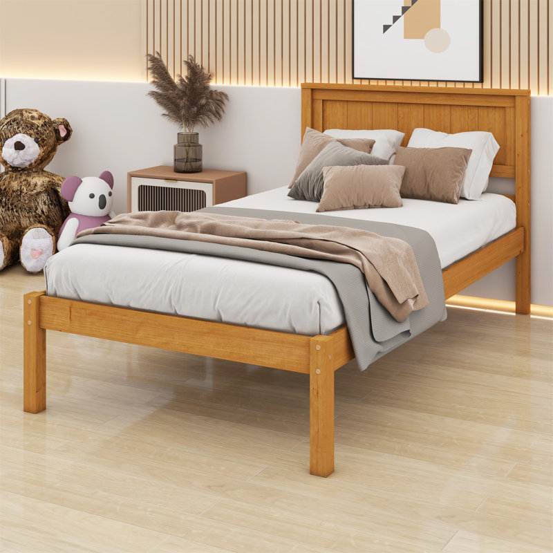 Base de lit plateforme avec tête de lit et lattes en bois, Lit simple, Chêne