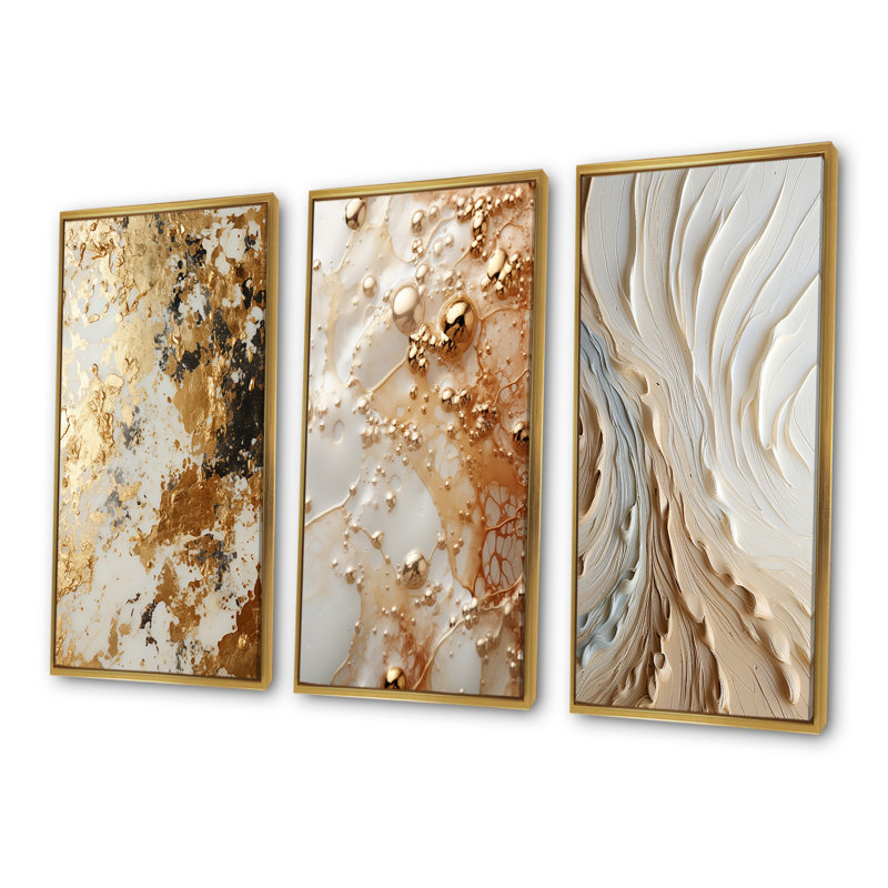 Blanc et or champagne Flow I - ensemble de 3 décorations murales champagne, Cadre flottant doré, H 32 po x l 48 po