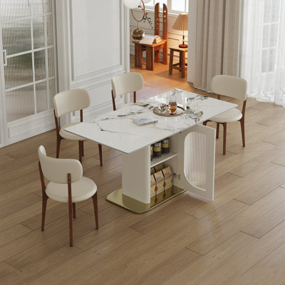 Ensemble de table de salle à manger moderne 63 pièces 5 pièces avec armoires de rangement, plateau de table en pierre carbonisée et base en bois massif doré