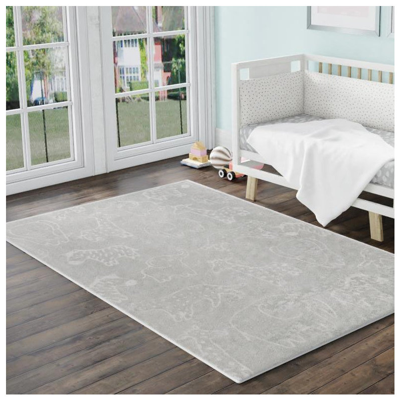 Whimsy Safari Animals Kid Rug, Rectangle 5'3" x 8', Gray/Ivory