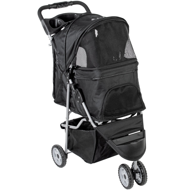Black Foldable 3-Wheel Pet Stroller with Mesh Windows