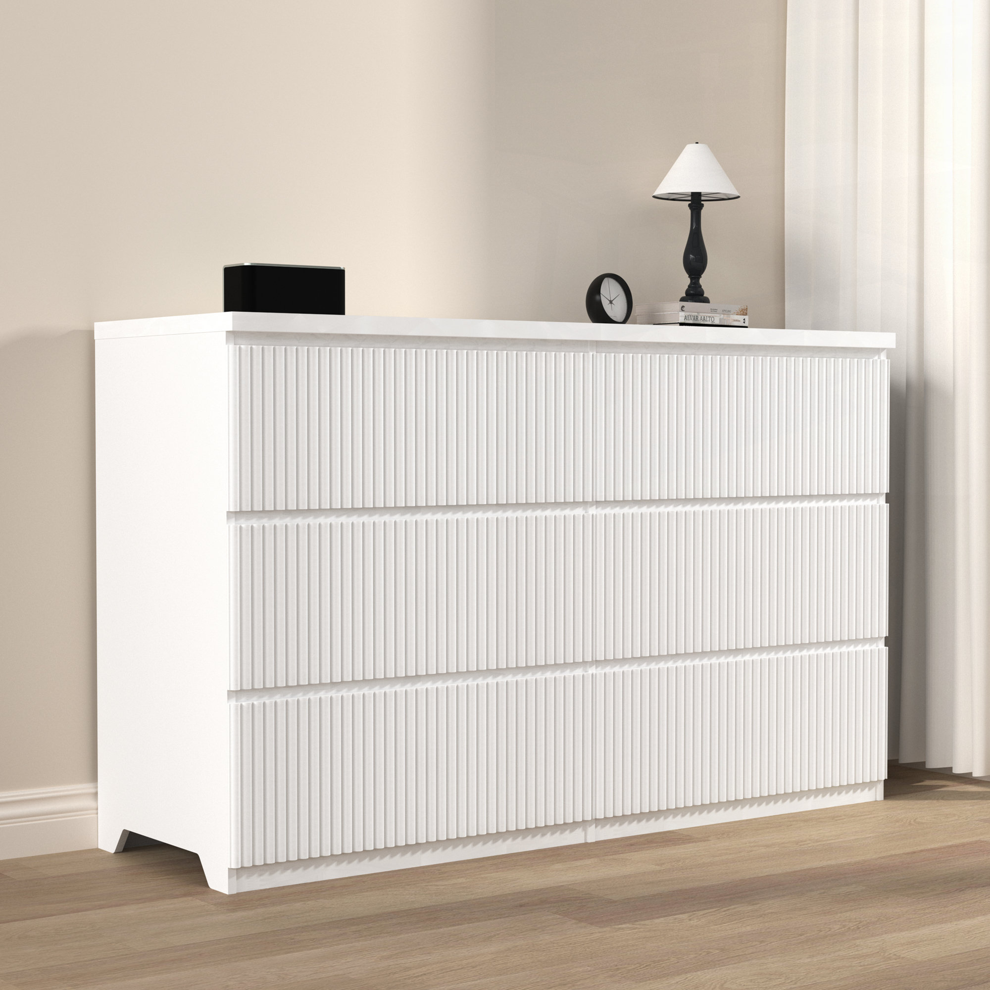 Latitude Run® Modern White 6 Drawer Dresser, Wave Panel Drawer Fronts ...
