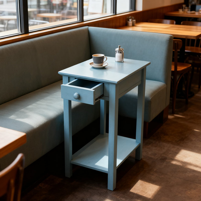 Table de bout en bois massif avec tablette inférieure, finition bleu océan antique frottée pour le salon, la chambre à coucher ou le vestibule