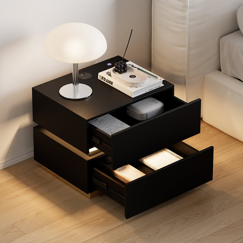 Davaun Modern Smart 2-Drawer LED Bedside Table With Wireless Charging Station, Black