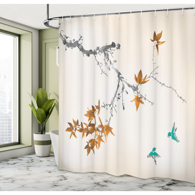 Japanese Shower Curtain Set + Hooks, 75"H x 69"W, Amber Beige