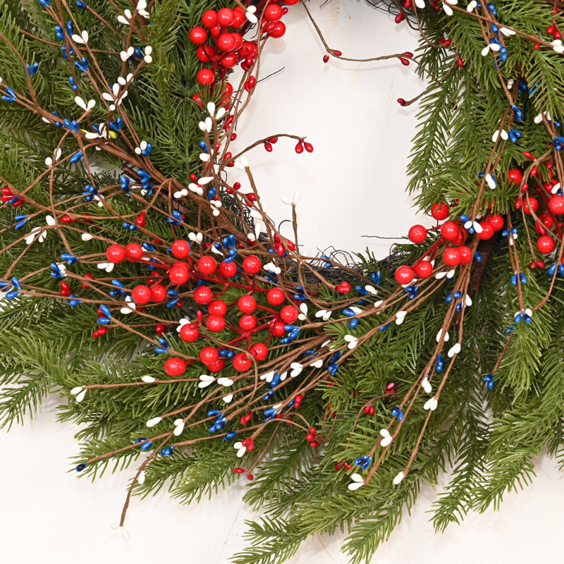 Couronne de sapin de Noël 24 po, Vert / Rouge / Blanc