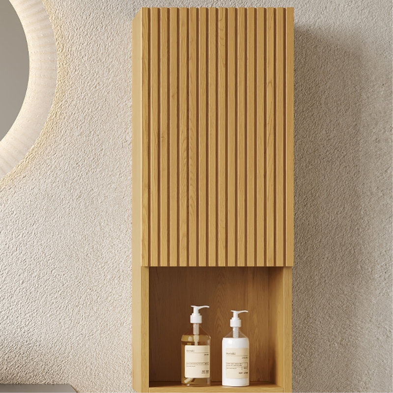 35" Tall Bathroom Storage Cabinet - Wall Mounted, Narrow With Door And Shelves In Oak , Small Space Focused Design For Mounted Compact Fit